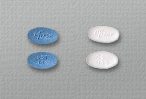A side by side of blue and while pills.