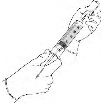 Withdraw all of the dissolved solution from the powder vial (10 mL) into the 50 mL syringe - Illustration