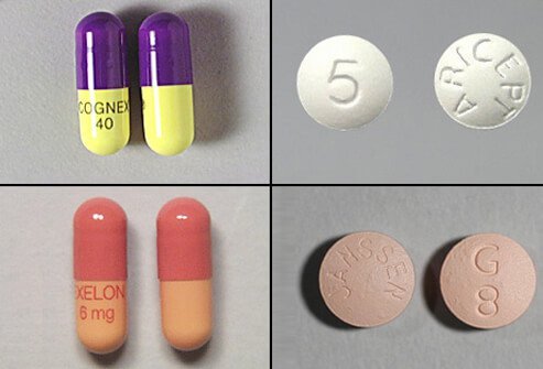 The FDA has approved four cholinesterase inhibitors approved for use in the U.S. to treat AD: tacrine (Cognex - top left), donepezil (Aricept – top right), rivastigmine (Exelon – bottom left), and galantamine (Reminyl – bottom right).