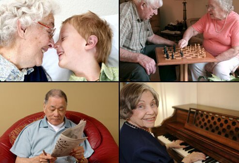 A grandmother interacts with her grandson (top left), a senior couple play chess (top right), a senior man attempts a crossword puzzle (bottom left) and a senior woman plays the piano (bottom right).