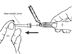 Move the safety shield away from the needle and toward the syringe barrel - Illustration