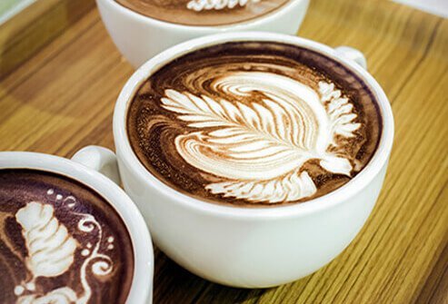 Café mochas on a tray.