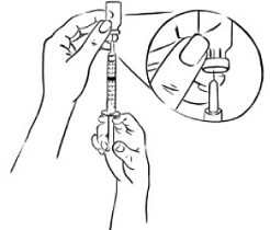 Pull back on the plunger of the syringe until all of the liquid inside the vial is in the syringe - Illustration