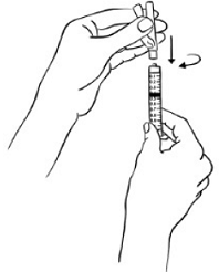 Hold the syringe firmly and twist the needle cap and pink needle shield clockwise (to the right) until it closes securely - Illustration