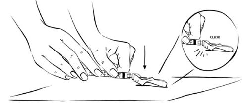 While holding the syringe in one hand,
gently press the pink needle shield against a hard - Illustration