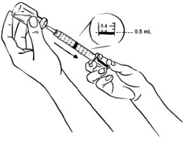 With the needle still in the Sterile Water
for Injection bottle, turn the bottle and syringe upside down - Illustration