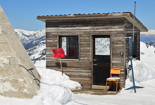 A storm shelter on the top of a mountain.