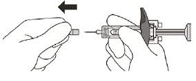 Hold the barrel of the syringe between your thumb and index finger. With your other hand, pull the needle cap straight off - Illustration