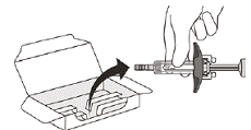 Carefully lift the syringe out of the carton by holding the barrel - Illustration