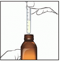 Push the plunger all the way down and insert the tip of the oral syringe fully into the bottle adapter. With the oral syringe in place, turn the bottle upside down. - Illustration