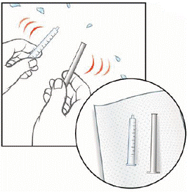 Fill a cup with warm soapy water and clean the oral syringe by drawing water in and out of the syringe using the plunger. - Illustration