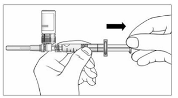 With your thumb still pushing the plunger, turn the syringe and vial, so that the vial is on top - Illustration