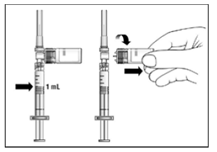 Remove the vial adapter and the vial from the syringe by twisting the vial adapter - Illustration