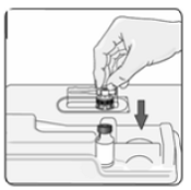 Remove the alcohol wipe from the top of the vial. Pick up the container that holds the vial adapter. Turn over the container keeping the vial adaptor inside. Put the adapter on top of the vial. Push down on the adapter until it pierces the rubber top of the vial and snaps in place - Illustration