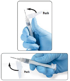 Immediately following the withdrawal of the needle,
activate the safety shield using a finger/thumb or flat surface and push until
it completely covers the needle tip and locks into place - Illustration