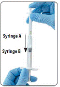 After mixing, hold the syringes vertically (upright) with Syringe B (wide syringe) on the bottom - Illustration