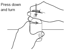 Press down and turn the childproof cap to the left (counterclockwise) and remove it from the bottle. - Illustration