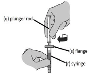 Carefully twist the prefilled syringe containing Sterile Water for Injection, USP onto the vial adapter on the FIRMAGON powder vial, until it is tight. - Illustration