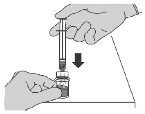 Turn the vial completely upside down and pull down the plunger to withdraw all of the reconstituted liquid from the vial to the syringe. - Illustration