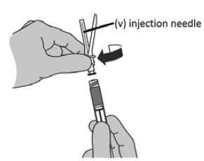 Move the needle shield (w) away from the needle and carefully remove the needle cover (x). - Illustration