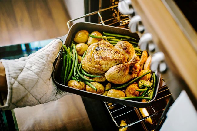 Cook chicken thoroughly before eating it to minimize the risk of campylobacter or salmonella poisoning.
