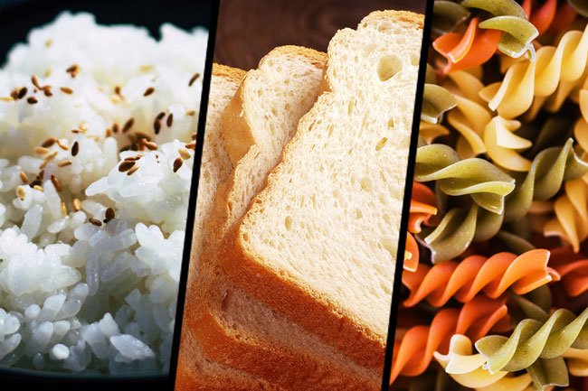 White rice, bread, and pasta converts to sugar and increases the risk of weight gain, especially around the middle.