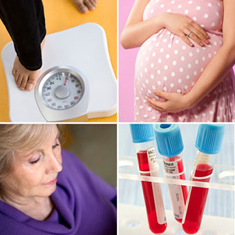 A senior woman, a weight scale, a pregnant woman, and blood test tubes.