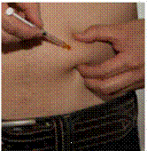 Use your other hand to hold the plastic dosing syringe. Insert the full length of the needle into the skin at a 45-degree angle with a quick, “dart-like” motion - Illustration