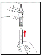 Remove the outer needle cover from the needle, place the Needle Guard onto the GENOTROPIN MINIQUICK, and press gently until the Needle
Guard snaps into place. Save the outer needle cover - Illustration