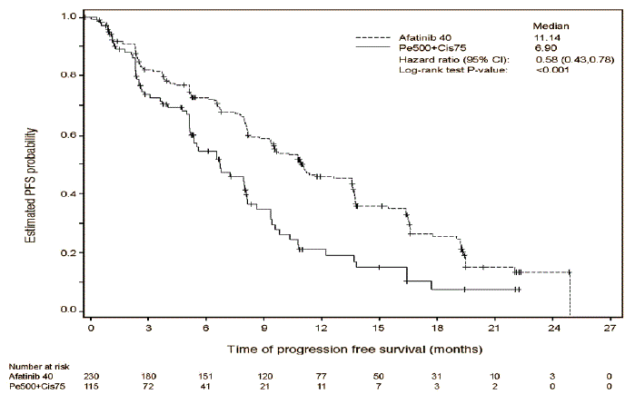 Kaplan-Meier Curve for PFS by Independent Review by Treatment Group in LUX-Lung 3 - Illustration