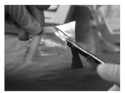 To open the inner pouch, gently hold the
crimped edge and cut in an arc-like fashion around the wafer - Illustration