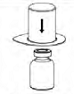 Push the plastic spike at the blue end of the Mix2Vial transfer set firmly through the center of the stopper of the diluent vial - Illustration