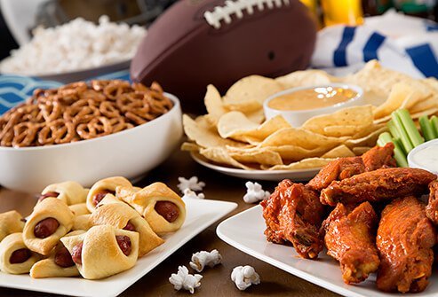 An array of game day party snacks.