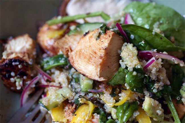 Make a grain bowl with quinoa, brown rice, or farro along with vegetables, cheese, nuts, seeds, avocado and sauce.