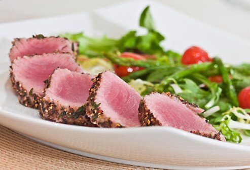 Herb-crusted seared tuna.
