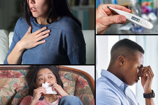 The first symptoms that typically appear include a fever, headache, sore throat, and dry cough.