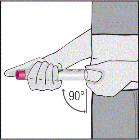 Press the plum-colored activator button with your thumb to begin the injection. Try not to cover the window - Illustration