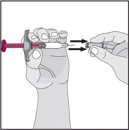 Turn the syringe so the needle is facing up and hold the syringe at eye level with one hand so you can see the air in the syringe. Using your other hand, slowly push the plunger in to push the air out through the needle - Illustration