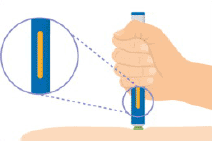 Hold the pen against your skin until the yellow indicator fills the medication window and stops moving - Illustration