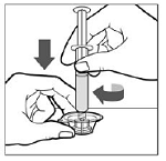 Firmly hold the package containing the vial adapter on a clean, flat surface. Connect the Pre-filled Syringe to the vial adapter by pushing the syringe tip down onto the LUER-LOK in the center of the vial adapter, and screw until the syringe is secured - Illustration