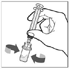 With the syringe and the vial still attached, gently swirl, in a circular motion, the IXINITY vial until the product is fully dissolved/reconstituted - Illustration