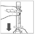 Draw the solution from the vial through the filter spike in the vial adapter by pulling the plunger back slowly until all solution is transferred into the Administration Syringe - Illustration