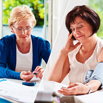 A woman checking her blood sugar and a woman checking her blood pressure.