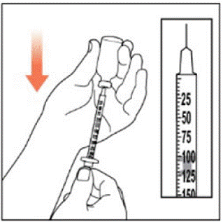 Turn the vial and syringe upside down and
slowly pull the Plunger down until the Plunger Tip is past your Dose Line - Illustration