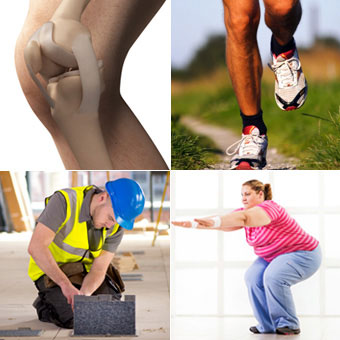 A 3-D rendered illustration of the knee, a runner, an electrician kneeling, and an overweight woman performing squats.