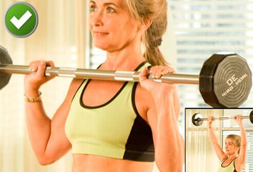 A safer shoulder alternative: When doing the military press, keep the bar in front of your head.