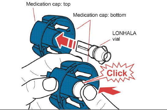 Insert one LONHALA vial into the bottom of the Medication cap until it ”Clicks”. - Illustration