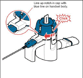 To attach the Medication cap to the Handset body, turn the Medication cap in a clockwise direction as shown, until you hear a “Click”. The notch in the Medication cap (at the base of the opening) should line up with the blue line on the Handset body. - Illustration