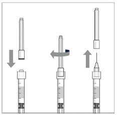 Withdraw all the liquid from the vial, keeping the vial in an upright position, slightly inclined to ease complete withdrawal. - Illustration