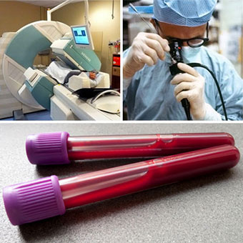 A patient undergoes a bone scan, a doctor performs a bronchoscopy, and blood test vials.